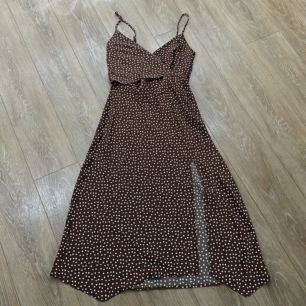 Brown, satin, polka dot, midi sundress. Urban Outfitters, size medium.